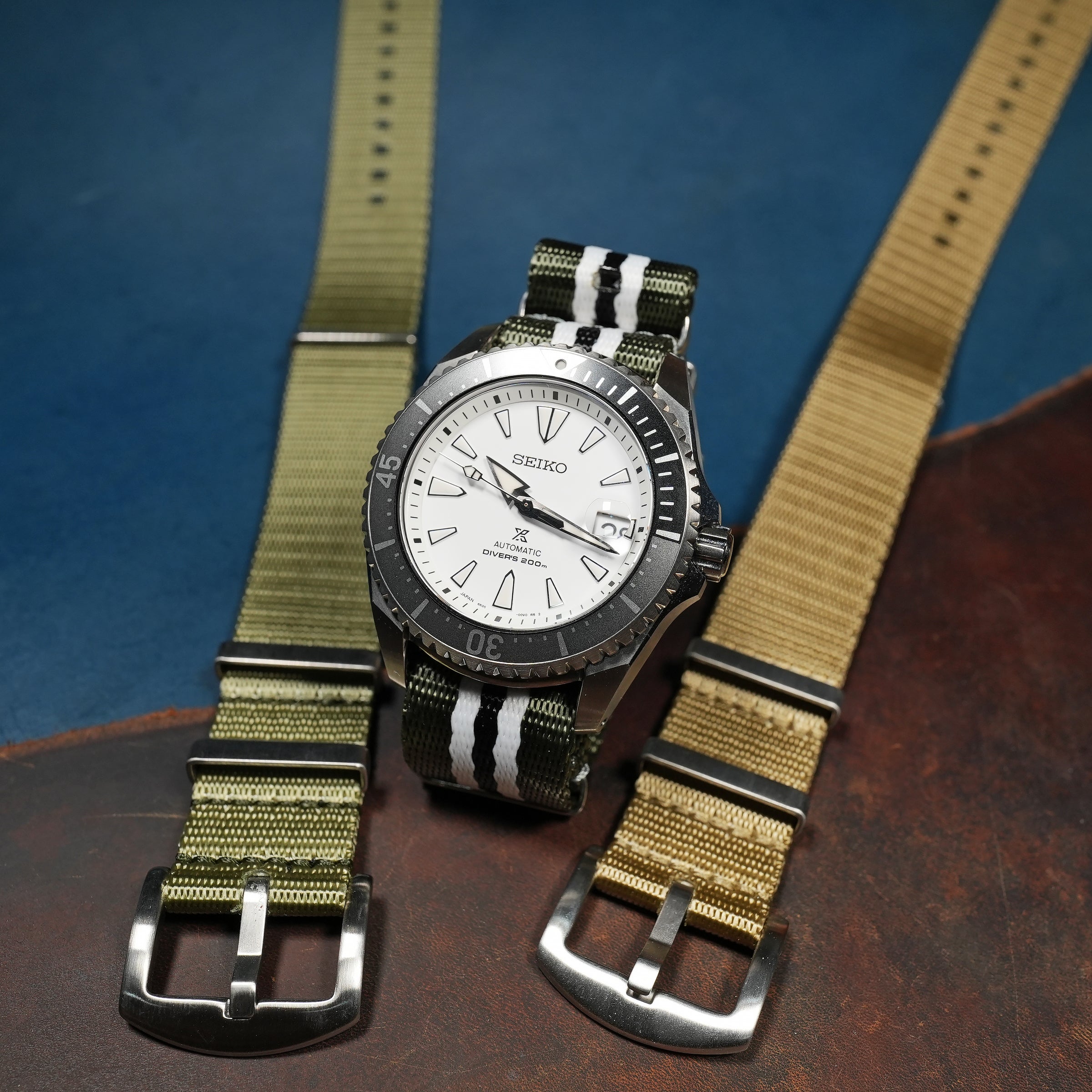 Seat Belt Nato Strap in Olive White Black - Nomad Watch Works SG
