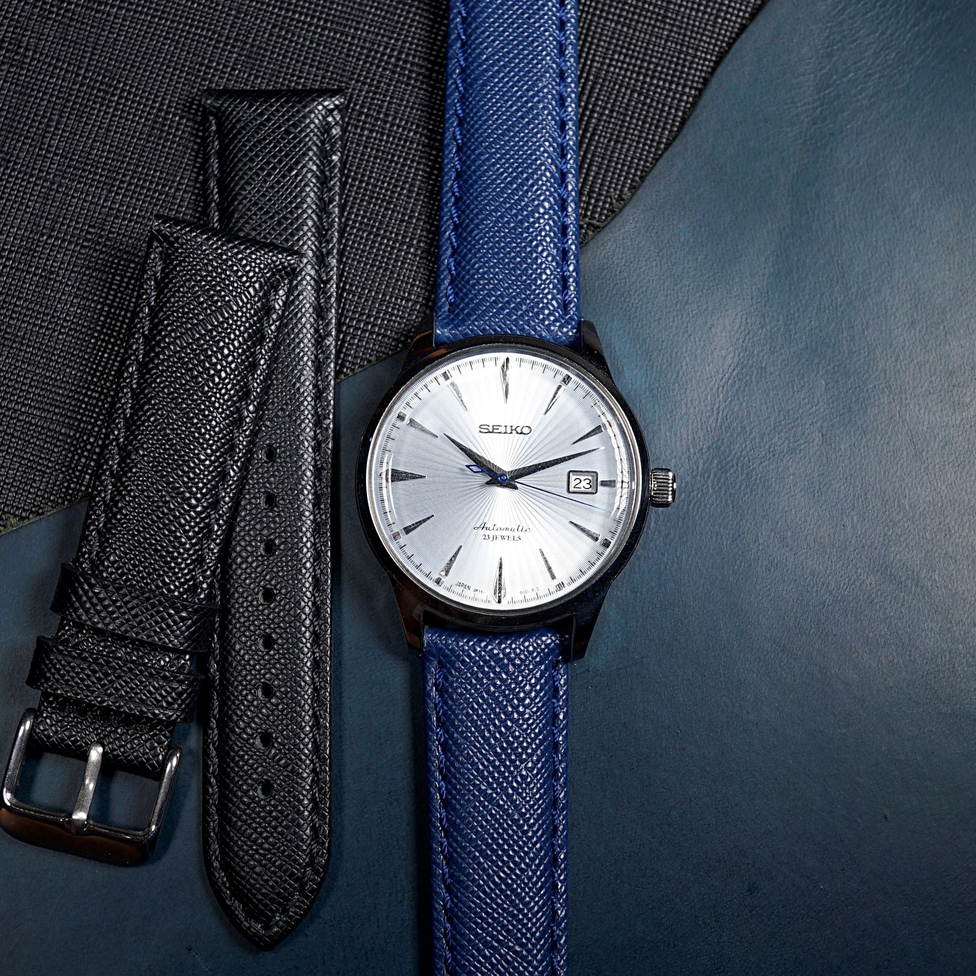 Navy leather online strap