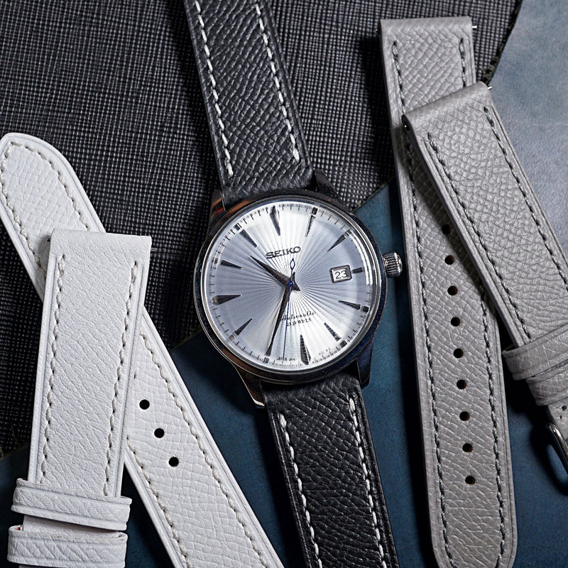 Emery Dress Epsom Leather Strap in Black w/ White Stitching (19mm) - Nomad Watch Works SG