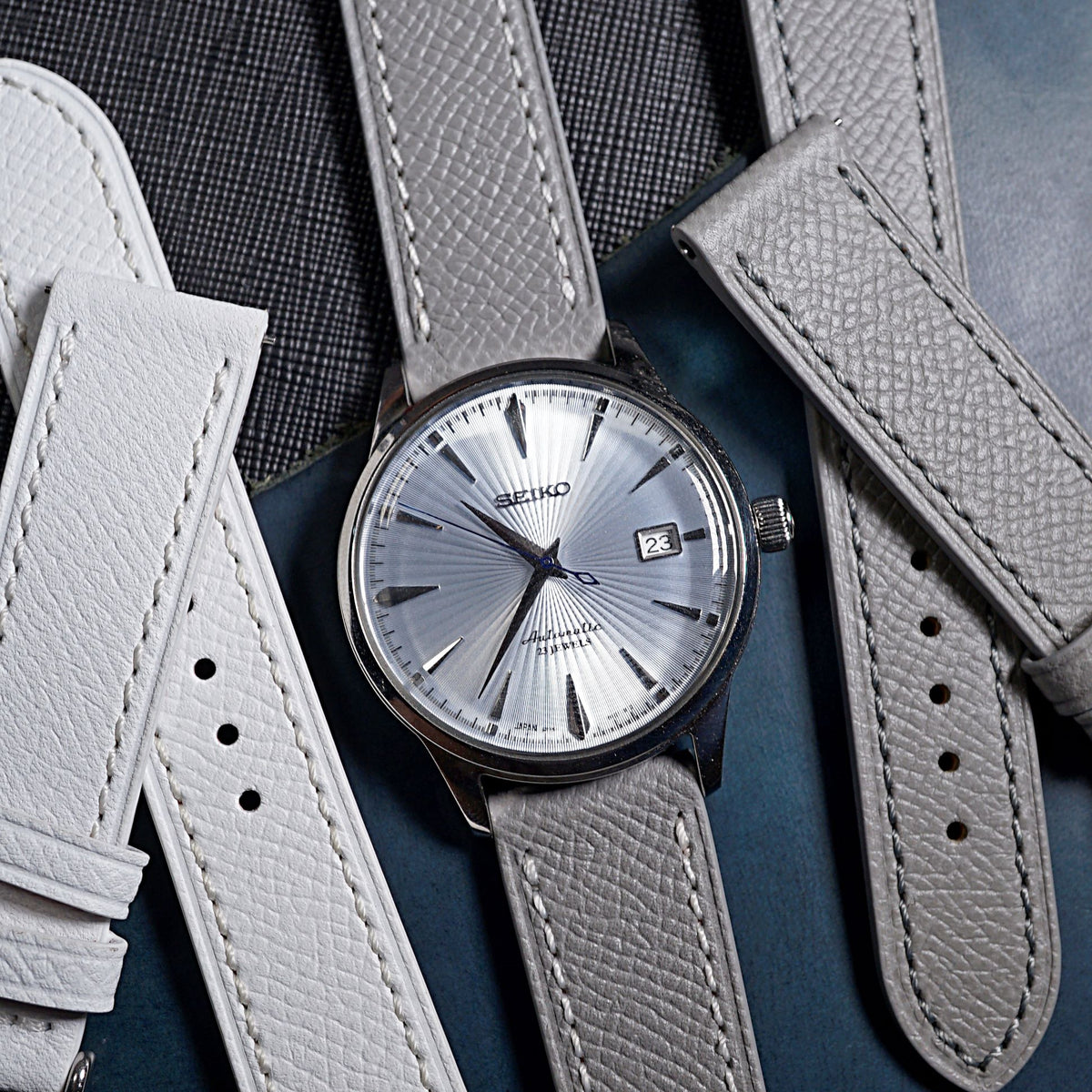 Emery Dress Epsom Leather Strap in Grey w/ White Stitching (19mm) - Nomad Watch Works SG