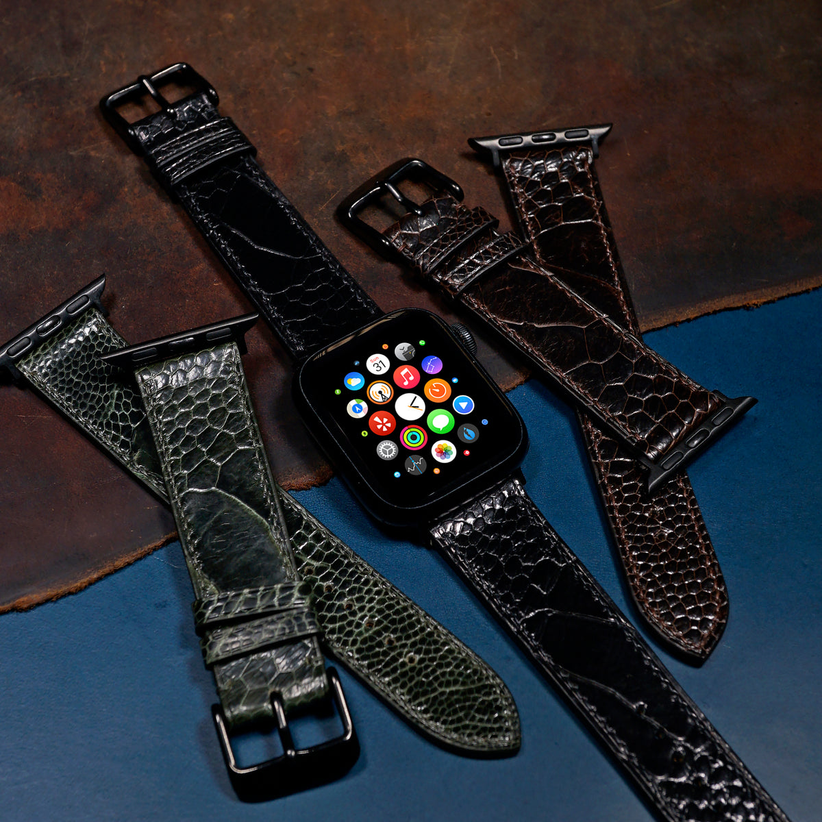 Ostrich Leather Watch Strap in Black (Apple Watch) - Nomad Watch Works SG