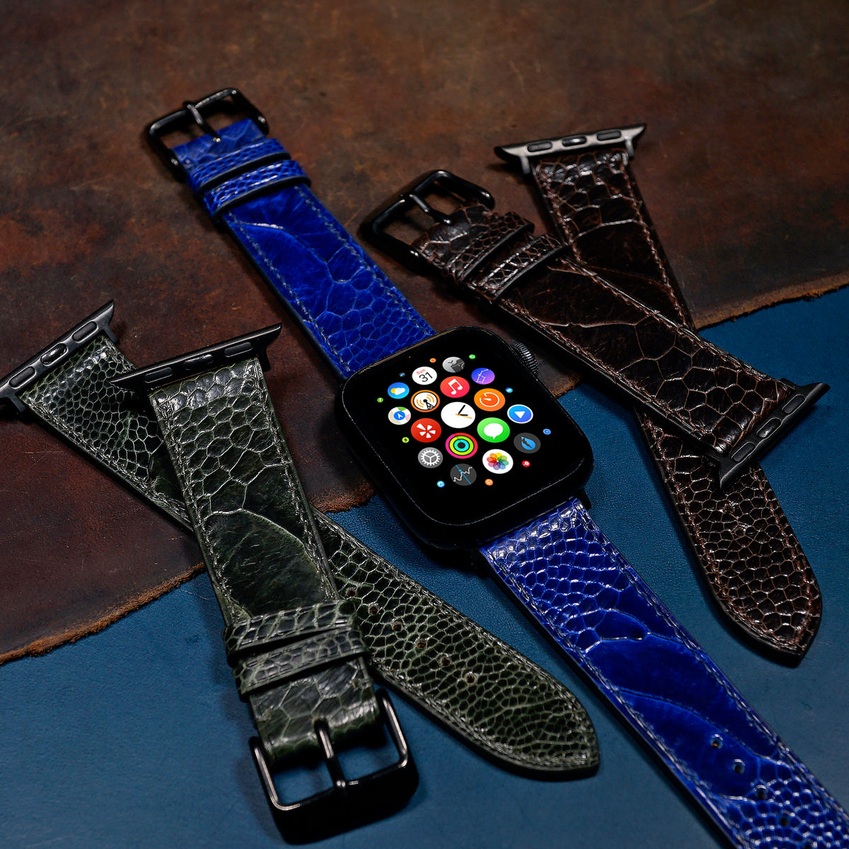 Ostrich Leather Watch Strap in Navy (Apple Watch) - Nomad Watch Works SG
