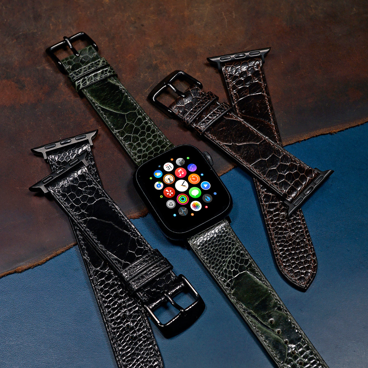 Ostrich Leather Watch Strap in Olive (Apple Watch) - Nomad Watch Works SG