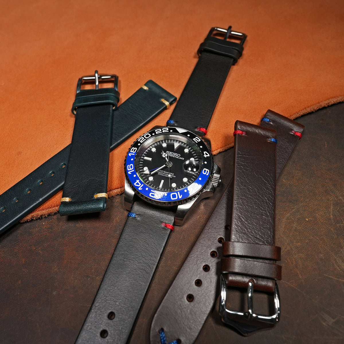 Premium Vintage Oil Waxed Leather Watch Strap in Black - Pepsi - Nomad Watch Works SG