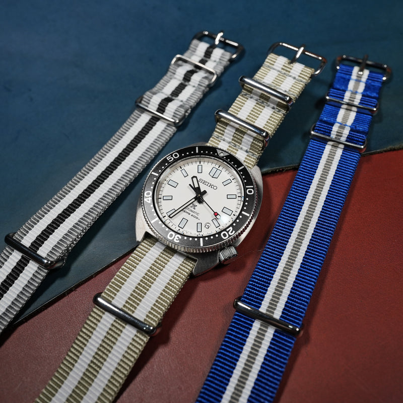 Premium Nato Strap in Grey White Small Stripes - Nomad Watch Works SG