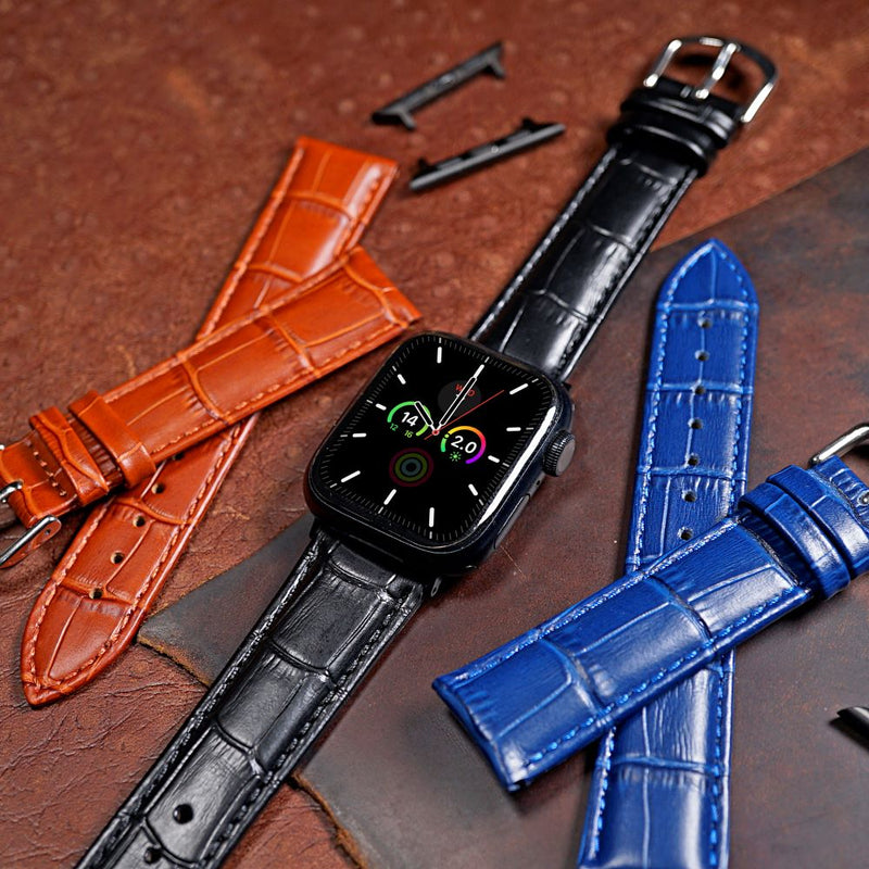 Apple Watch Genuine Croc Pattern Stitched Leather Strap in Black (38, 40, 41mm) - Nomad Watch Works SG