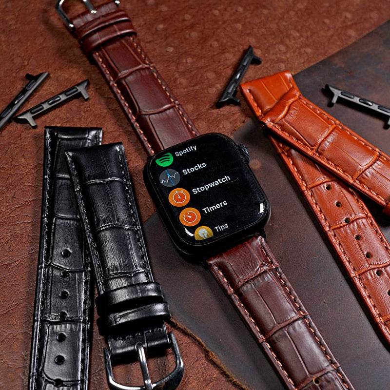 Apple Watch Genuine Croc Pattern Stitched Leather Strap in Brown (38, 40, 41mm) - Nomad Watch Works SG