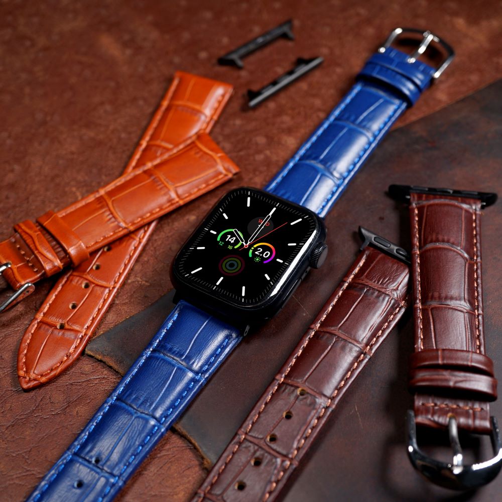 Apple Watch Genuine Croc Pattern Stitched Leather Strap in Navy (38, 40, 41mm) - Nomad Watch Works SG