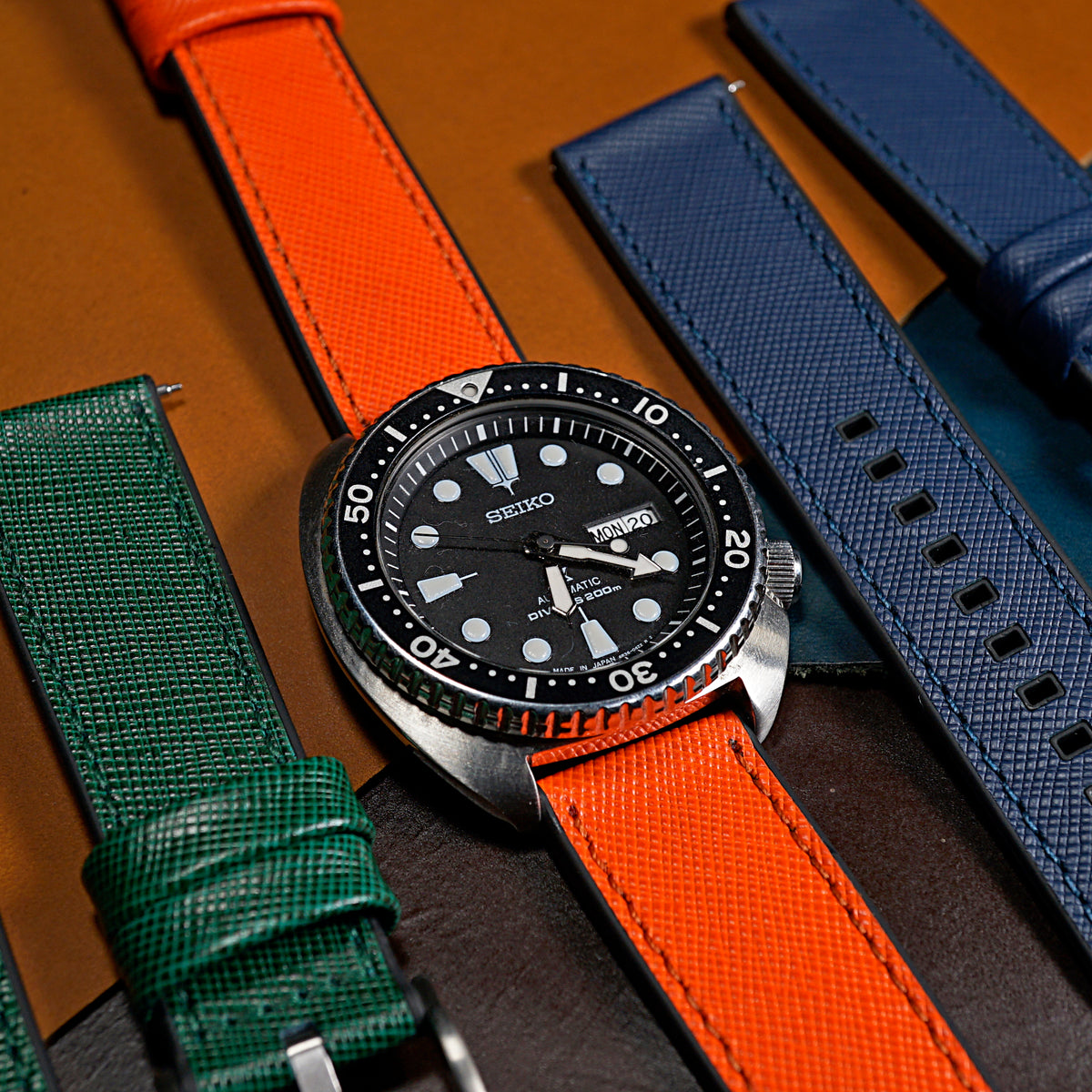 Performax Saffiano Leather FKM Rubber Hybrid Strap in Orange (20mm) - Nomad Watch Works SG
