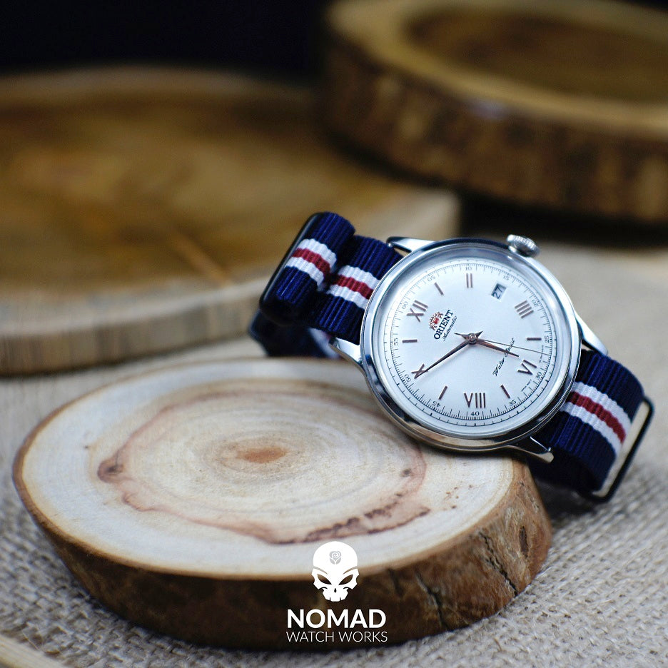 Premium Nato Strap in Navy White Red (Crest) with Polished Silver Buckle (20mm) - Nomad watch Works