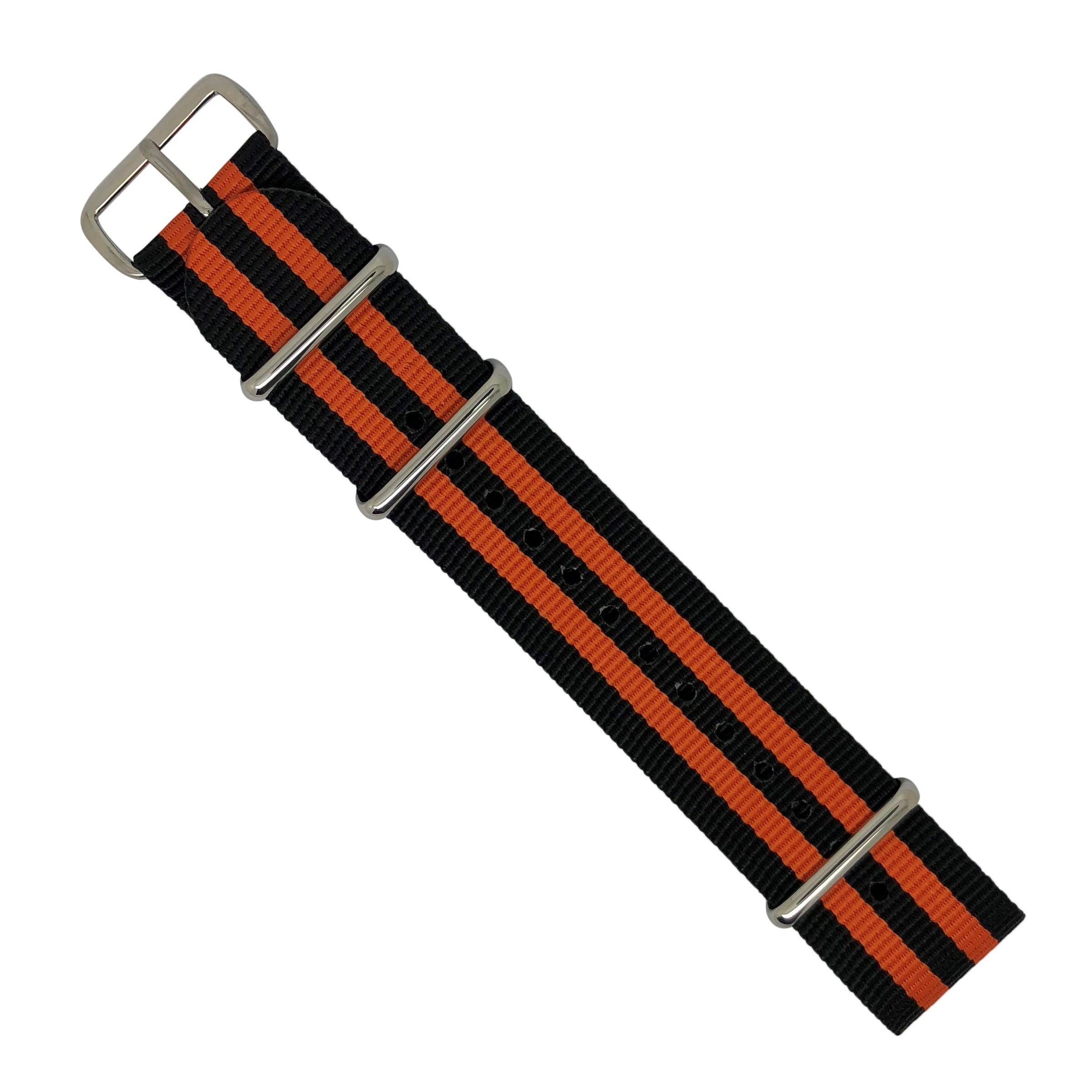 Premium Nato Strap in Black Orange Small Stripes with Polished Silver Buckle (22mm) - Nomad watch Works