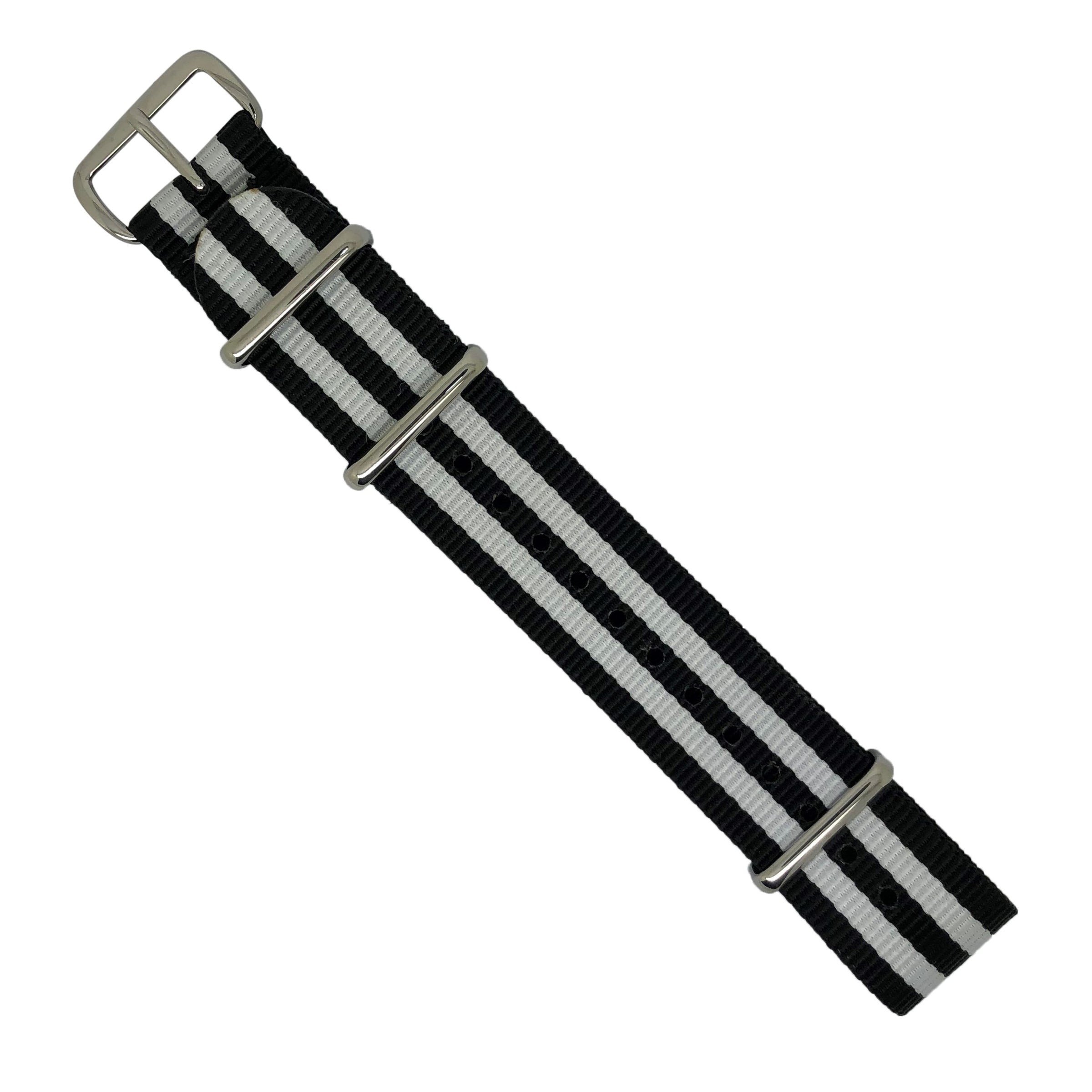 Premium Nato Strap in Black White Small Stripes with Polished Silver Buckle (20mm) - Nomad watch Works