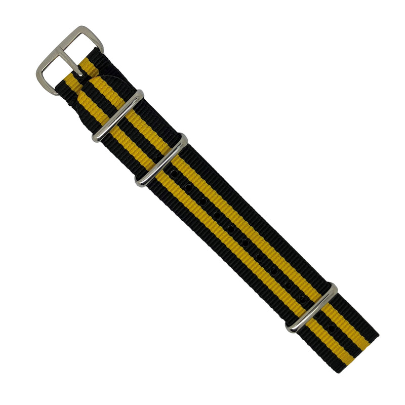 Premium Nato Strap in Black Yellow Small Stripes Bumblebee with Polished Silver Buckle (20mm) - Nomad watch Works