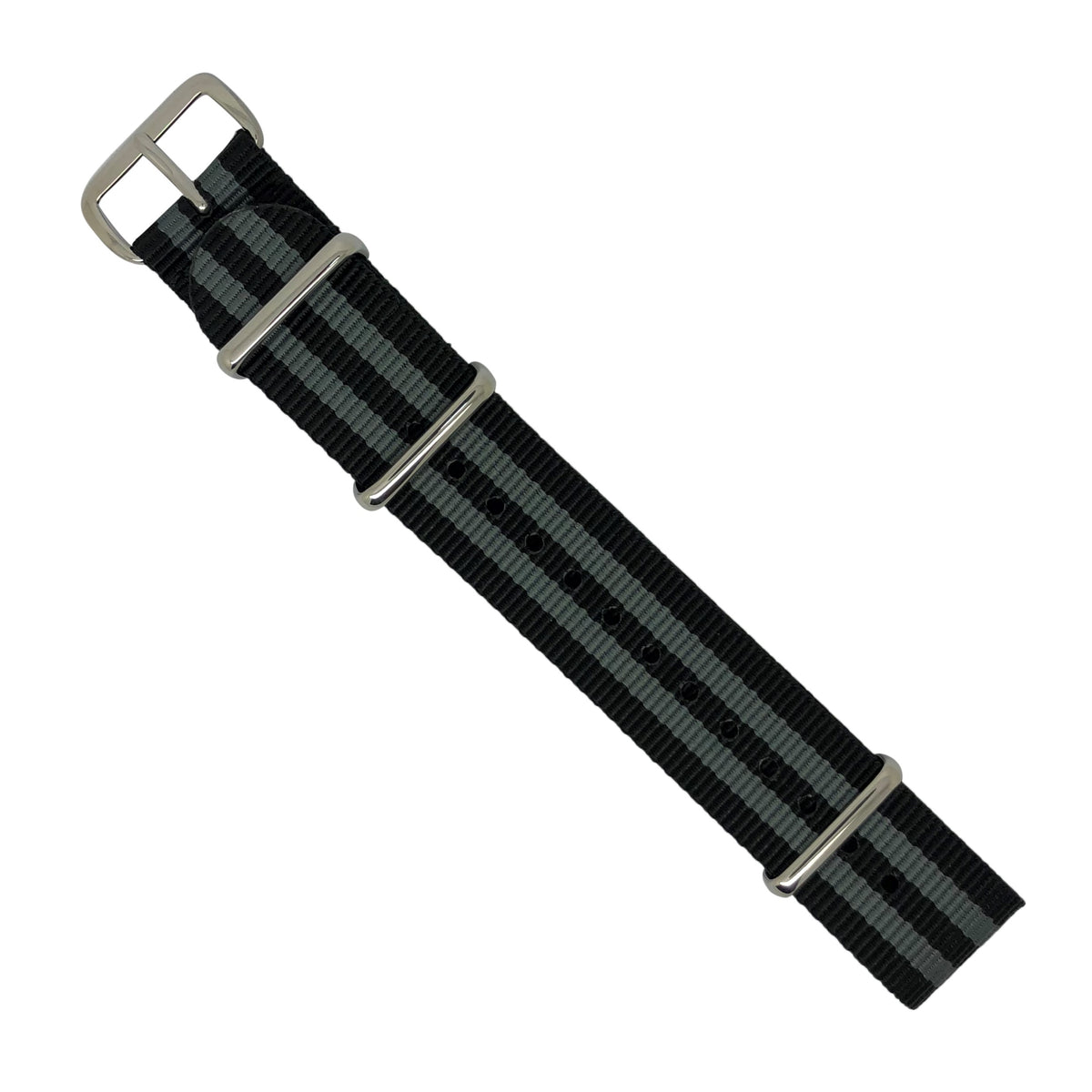 Premium Nato Strap in Black Grey (James Bond) with Polished Silver Buckle (18mm) - Nomad watch Works
