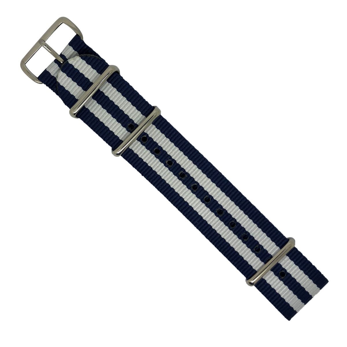 Premium Nato Strap in Navy White Small Stripes with Polished Silver Buckle (22mm) - Nomad watch Works
