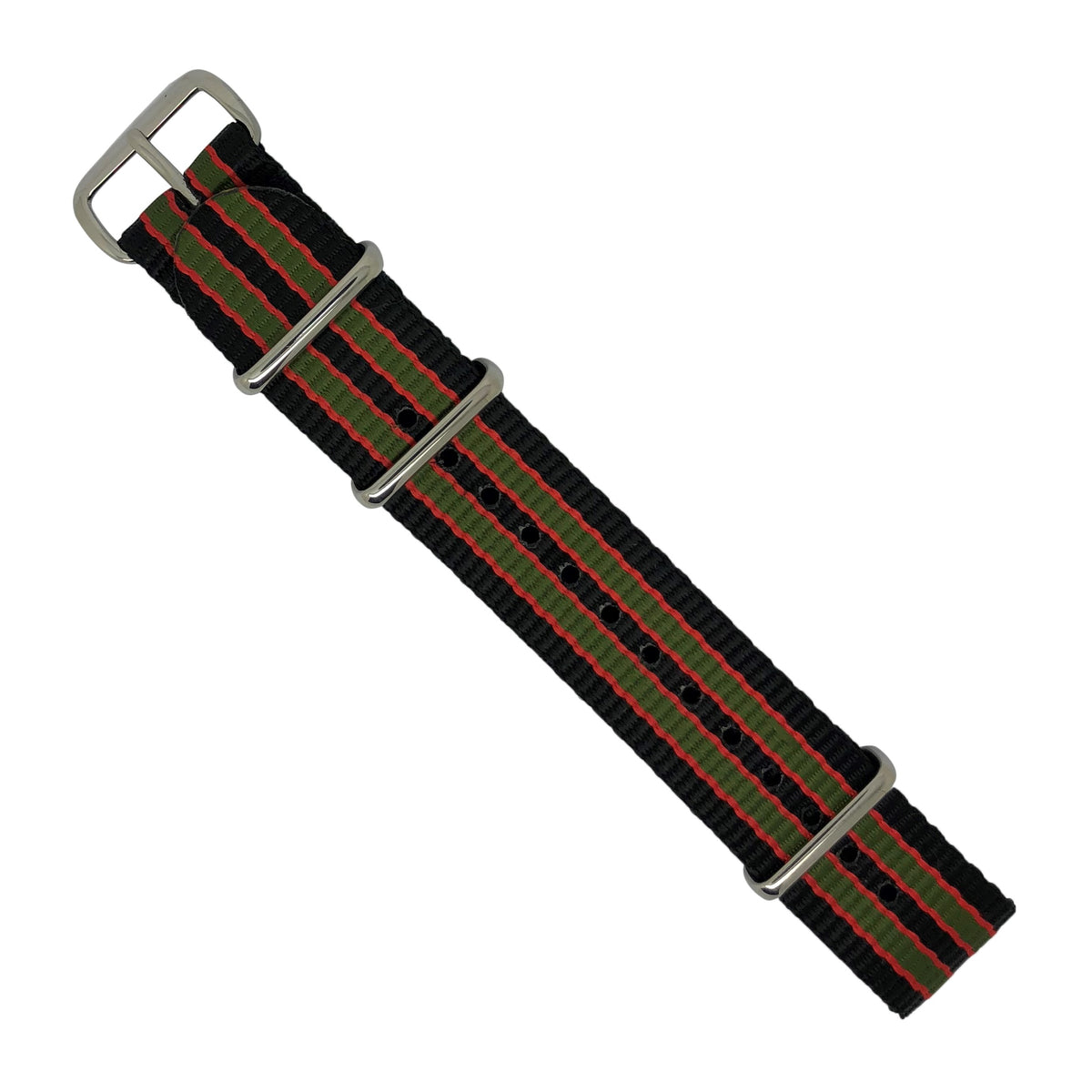 Premium Nato Strap in Black Green Red (James Bond) with Polished Silver Buckle (20mm) - Nomad watch Works