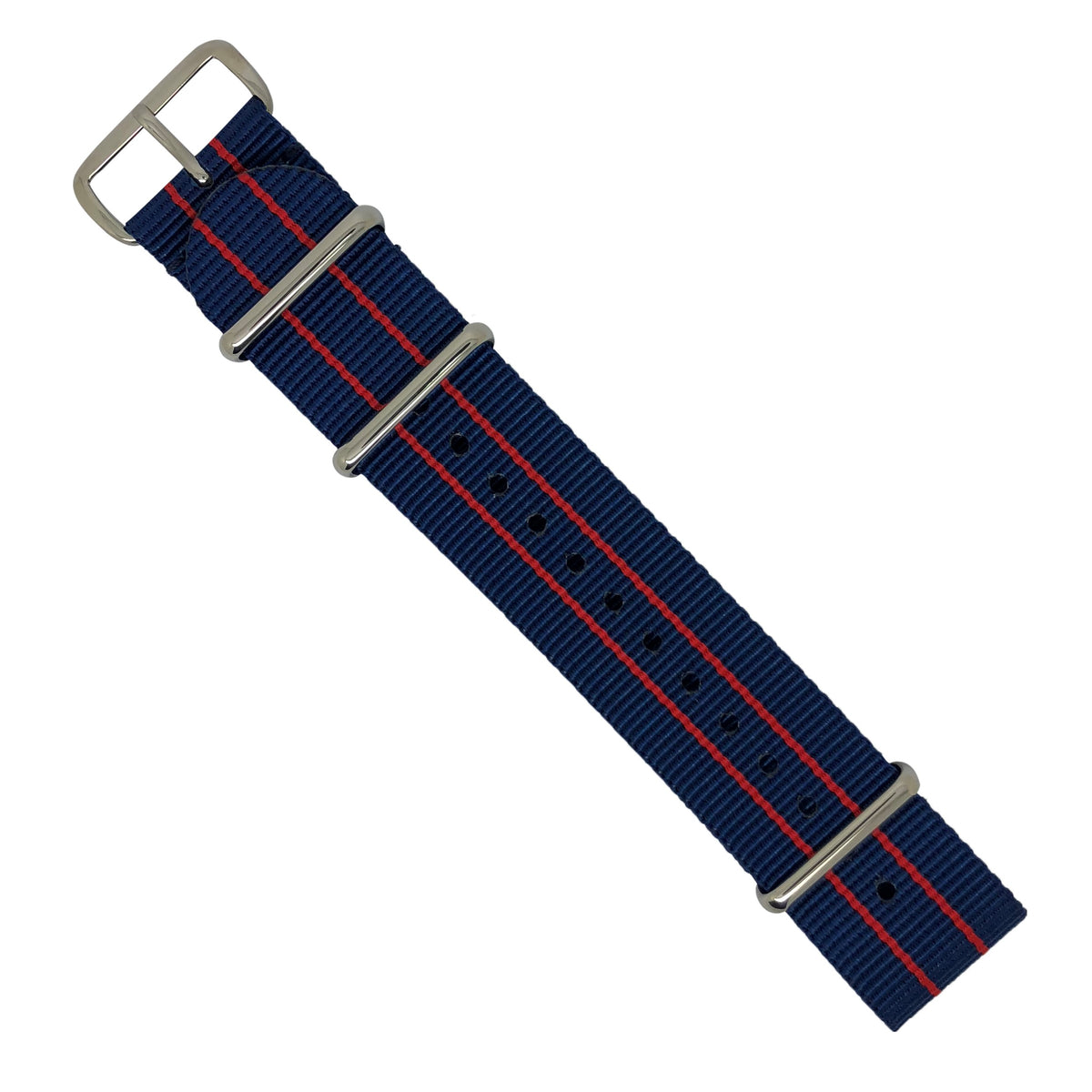 Premium Nato Strap in Blue Double Red with Polished Silver Buckle (22mm) - Nomad watch Works