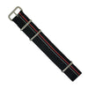 Premium Nato Strap in Black Blue Red Small Stripes with Polished Silver Buckle (20mm) - Nomad watch Works