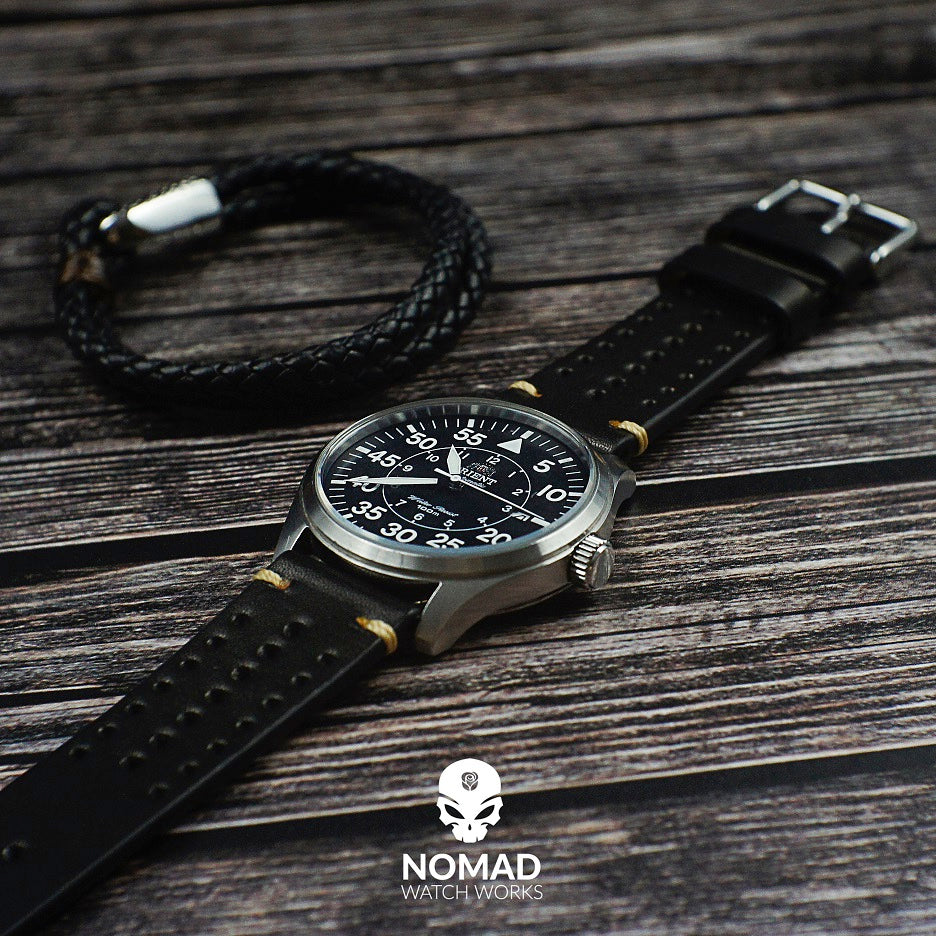 Premium Rally Leather Watch Strap in Black (18mm) - Nomad watch Works
