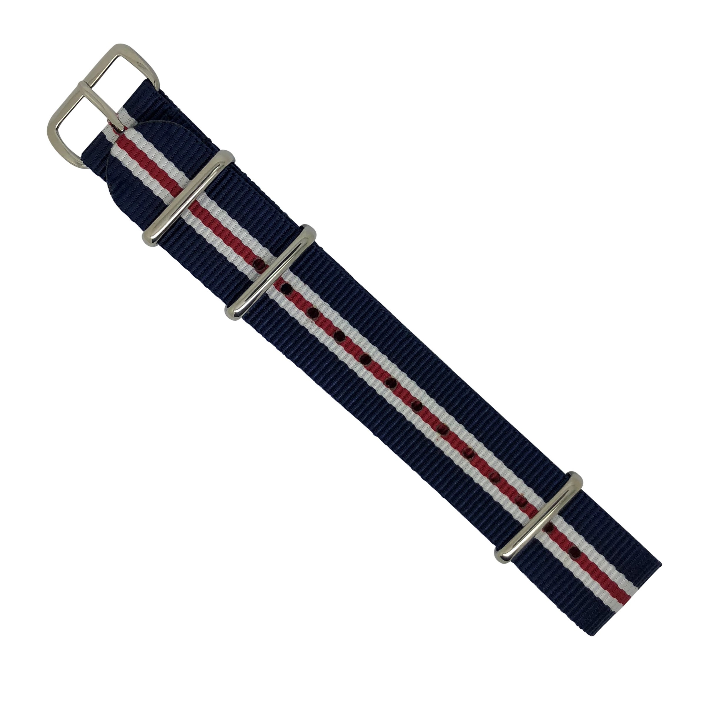 Premium Nato Strap in Navy White Red (Crest) with Polished Silver Buckle (20mm) - Nomad watch Works