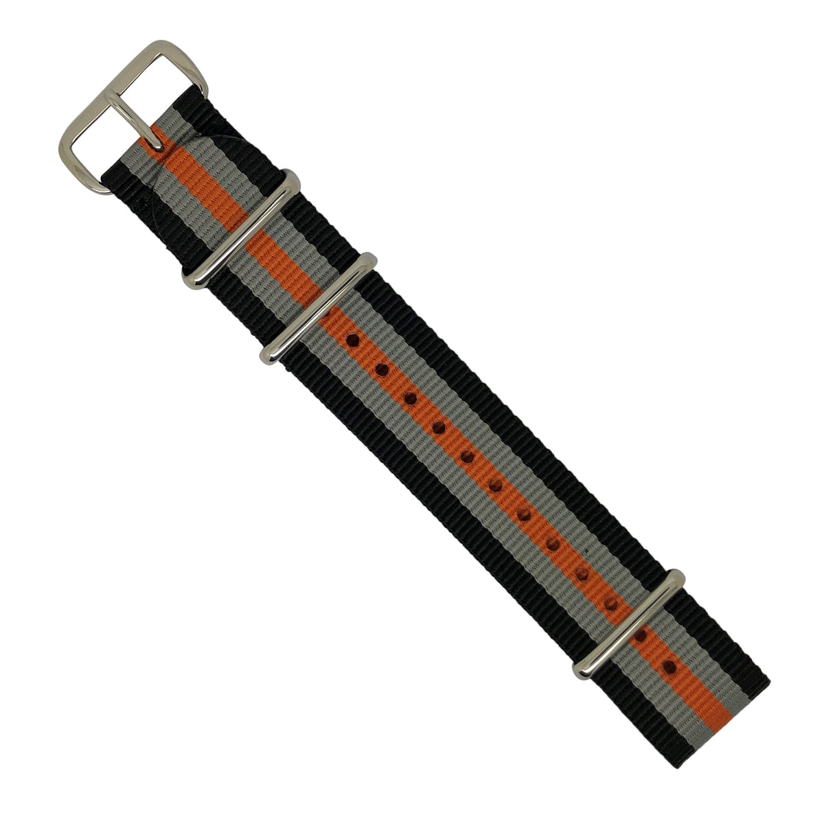 Premium Nato Strap in Black Grey Orange with Polished Silver Buckle (22mm) - Nomad watch Works