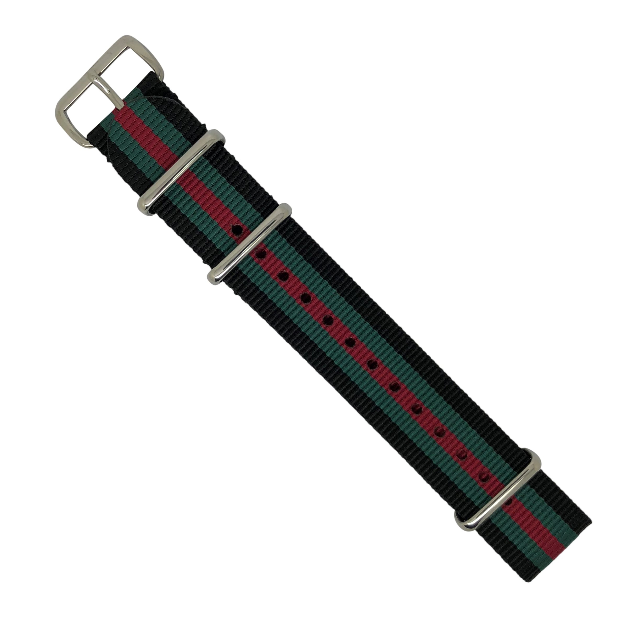 Premium Nato Strap in Black Green Red with Polished Silver Buckle (20mm) - Nomad watch Works