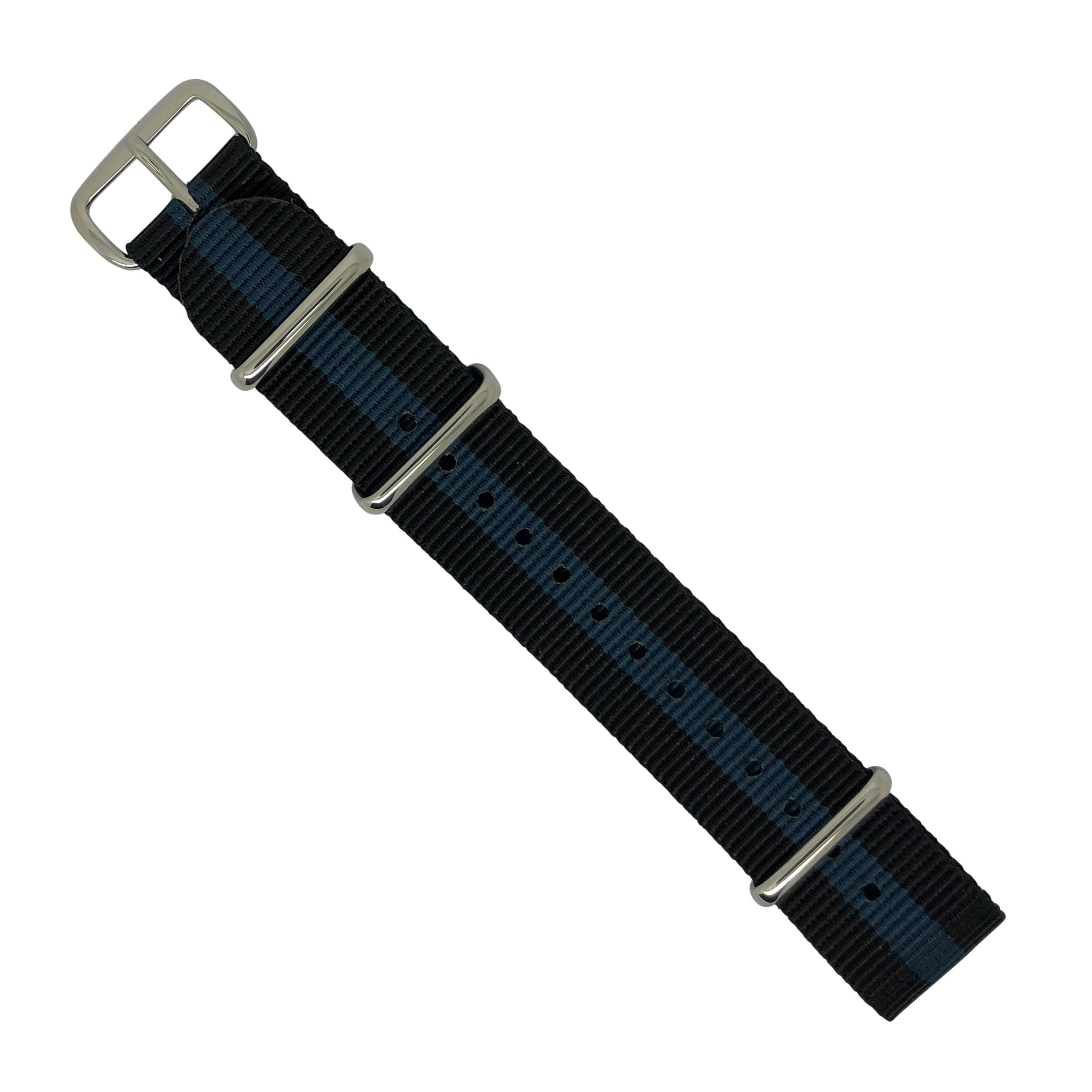 Premium Nato Strap in Black Blue with Polished Silver Buckle (20mm) - Nomad watch Works
