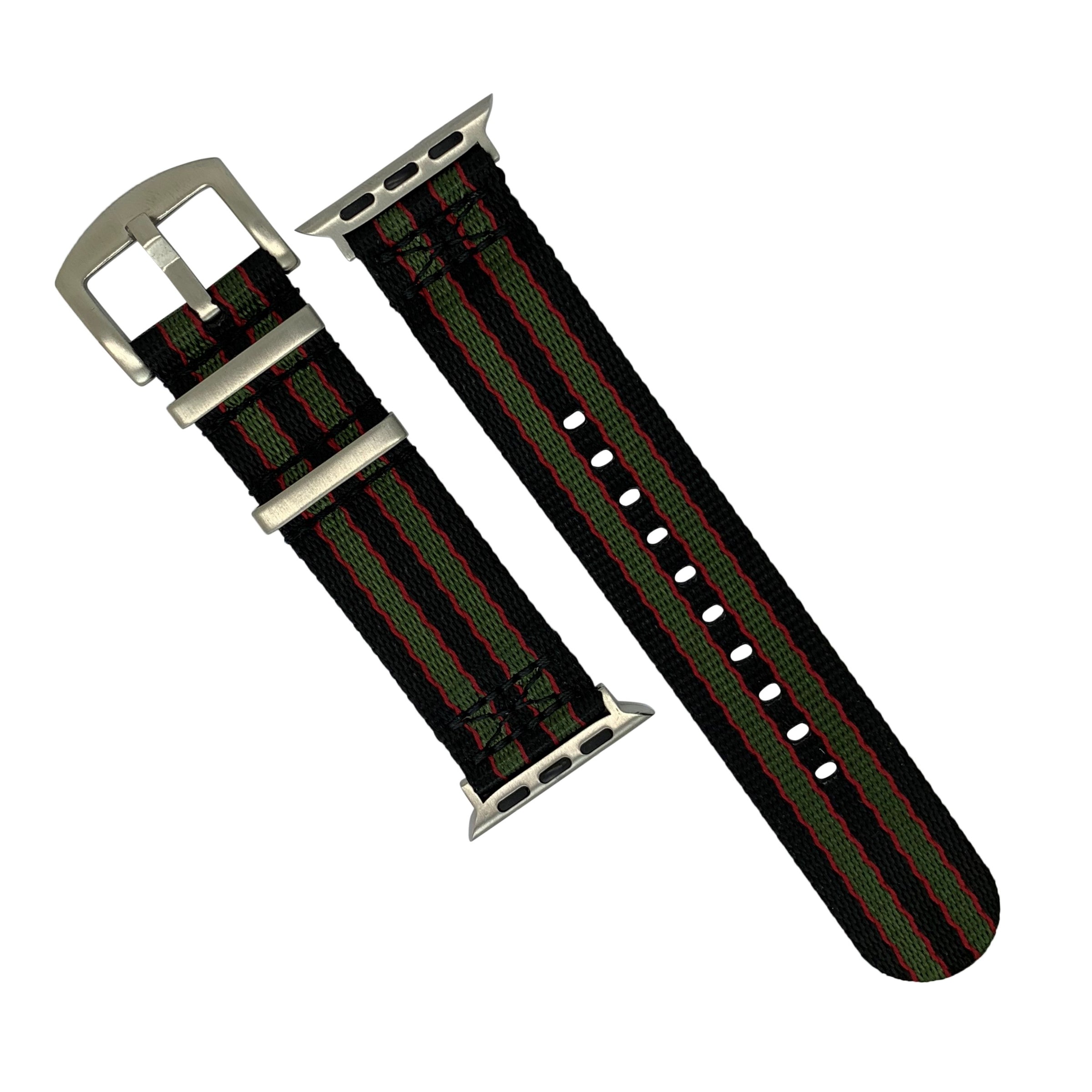 Apple Watch Seat Belt Nato Strap in Black Green Red (James Bond) with Silver Buckle (38 & 40mm) - Nomad watch Works