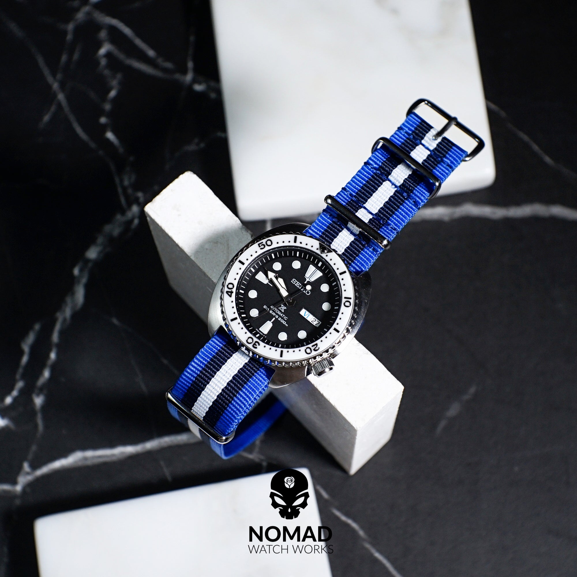 Premium Nato Strap in Blue Black White Nomad Watch Works SG