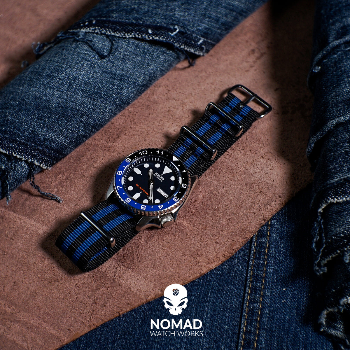 Premium Nato Strap in Black Blue Small Stripes with Polished Silver Buckle (20mm) - Nomad watch Works