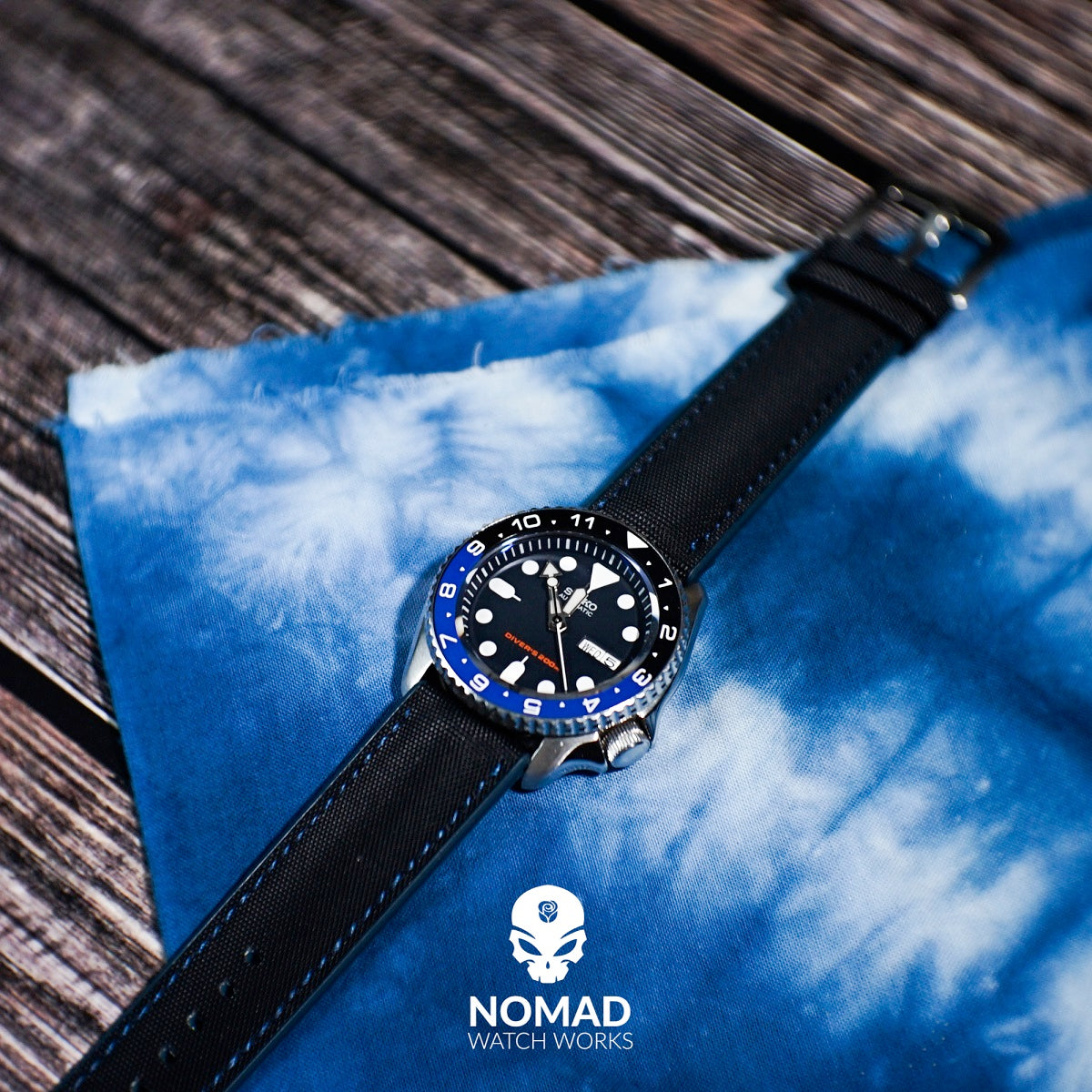 Performax N1 Hybrid Strap in Black with Blue stitching (20mm) - Nomad watch Works