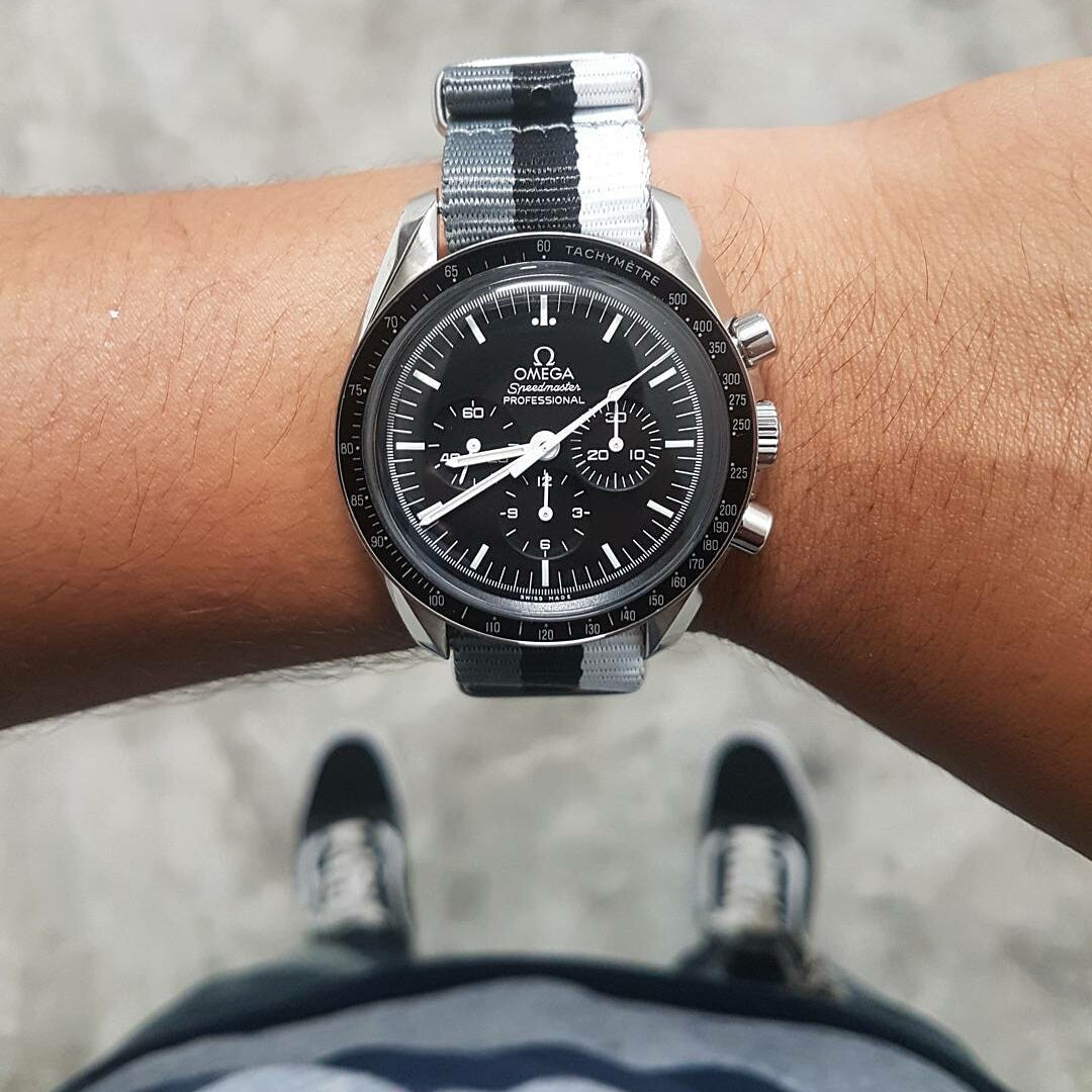 Premium Nato Strap in Grey Black White with Polished Silver Buckle (20mm) - Nomad watch Works