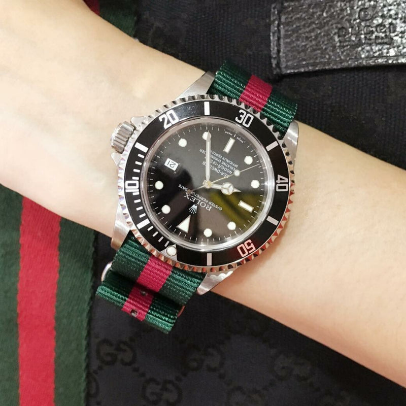 Premium Nato Strap in Green Red with Polished Silver Buckle (20mm) - Nomad watch Works