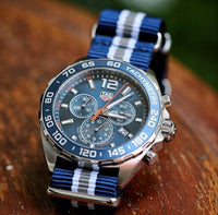 Premium Nato Strap in Navy White Grey (Crest) with Polished Silver Buckle (20mm) - Nomad watch Works