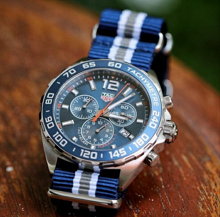 Premium Nato Strap in Navy White Grey (Crest) with Polished Silver Buckle (20mm) - Nomad watch Works