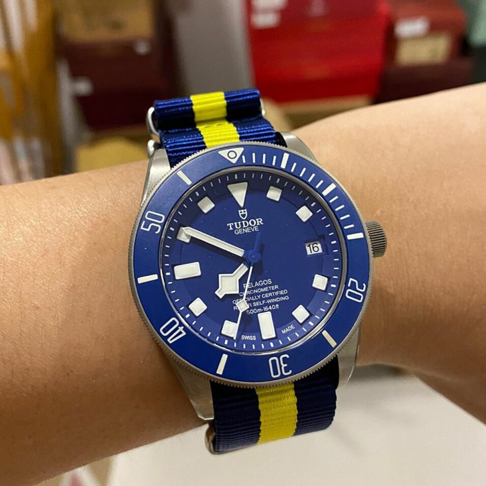 Premium Nato Strap in Navy Yellow with Polished Silver Buckle (20mm) - Nomad watch Works