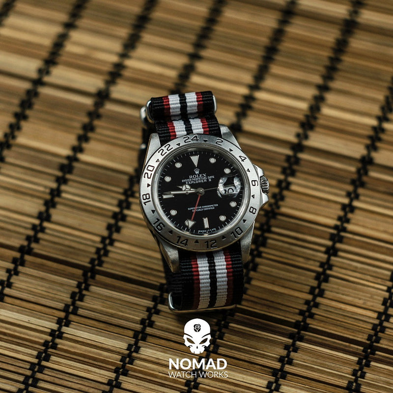 Premium Nato Strap in Black Red White with Polished Silver Buckle (20mm) - Nomad watch Works