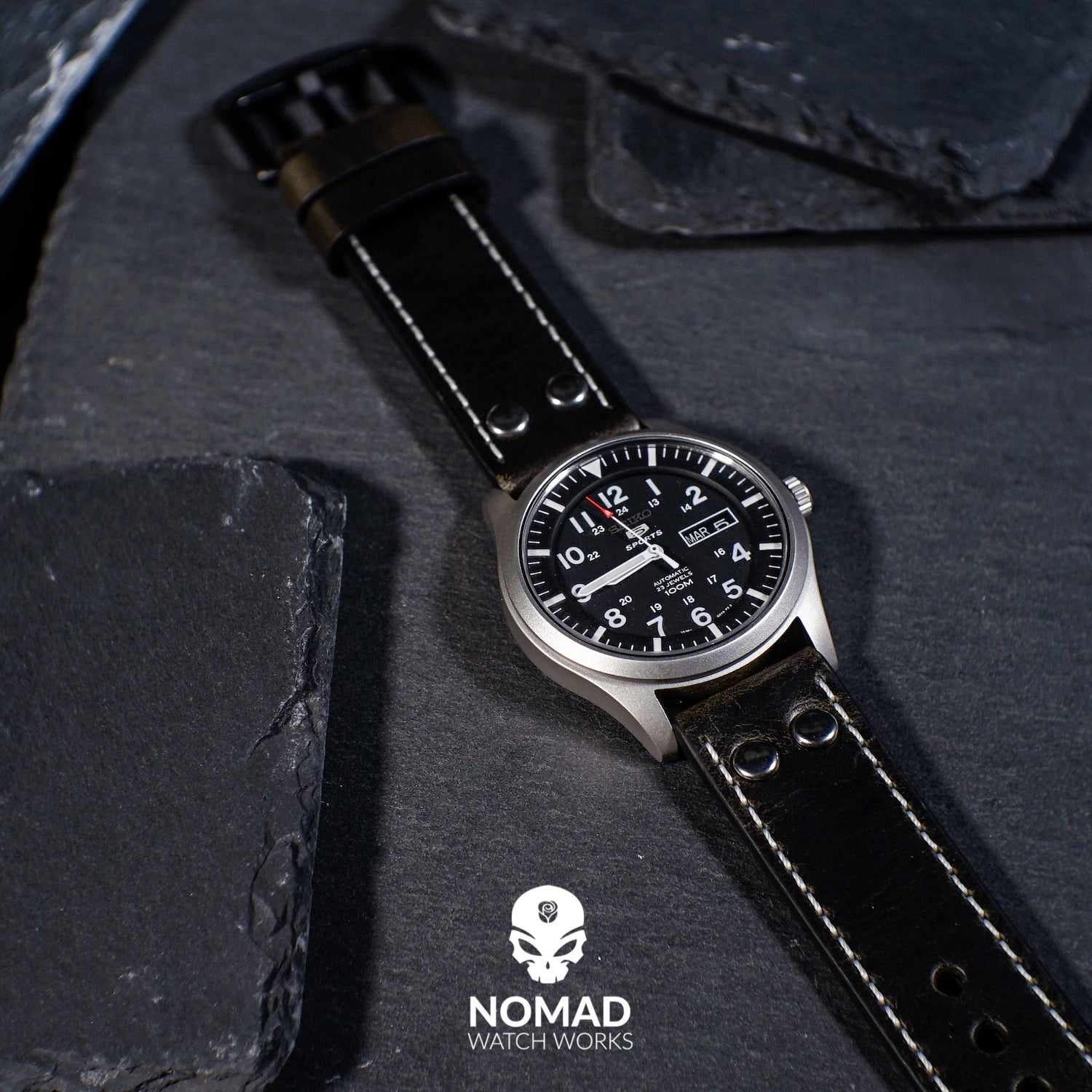 Premium Pilot Oil Waxed Leather Watch Strap in Black (20mm) - Nomad watch Works