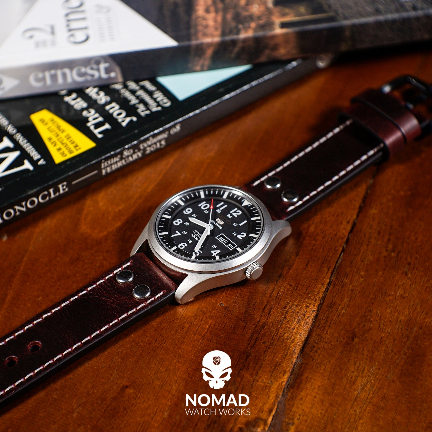 Premium Pilot Oil Waxed Leather Watch Strap in Maroon (20mm) - Nomad watch Works