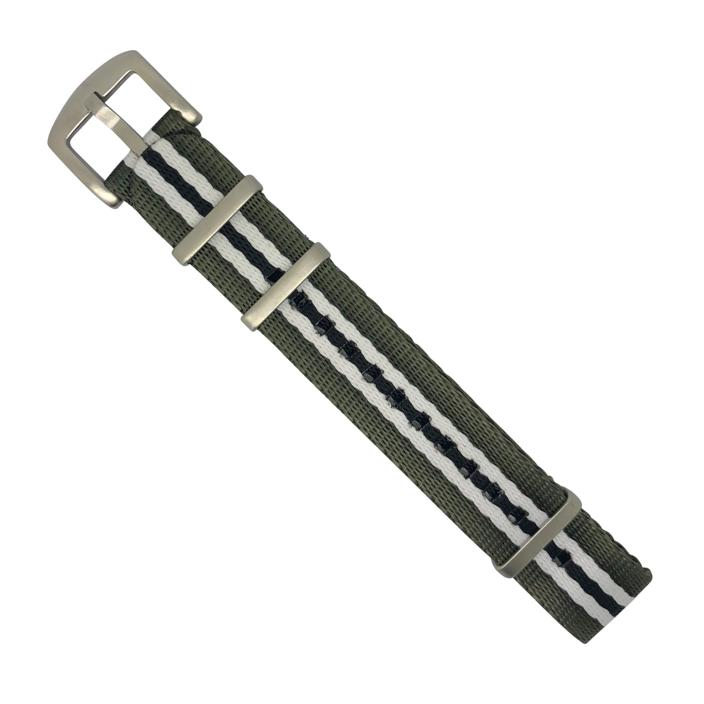 Seat Belt Nato Strap in Olive White Black with Brushed Silver Buckle (20mm) - Nomad watch Works