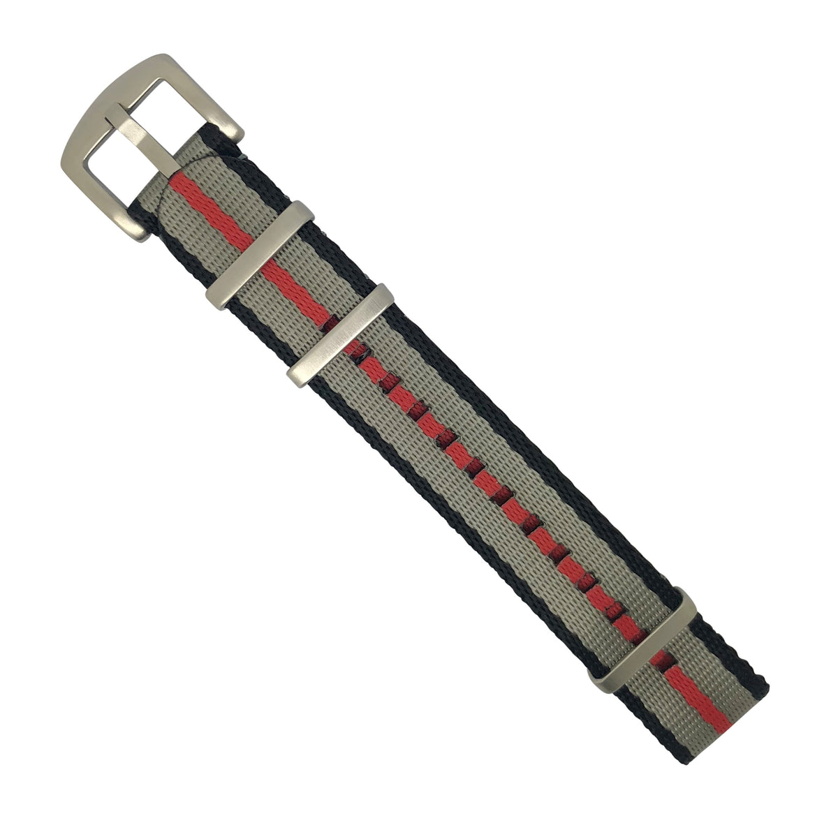 Seat Belt Nato Strap in Black Grey Red with Brushed Silver Buckle (20mm) - Nomad watch Works