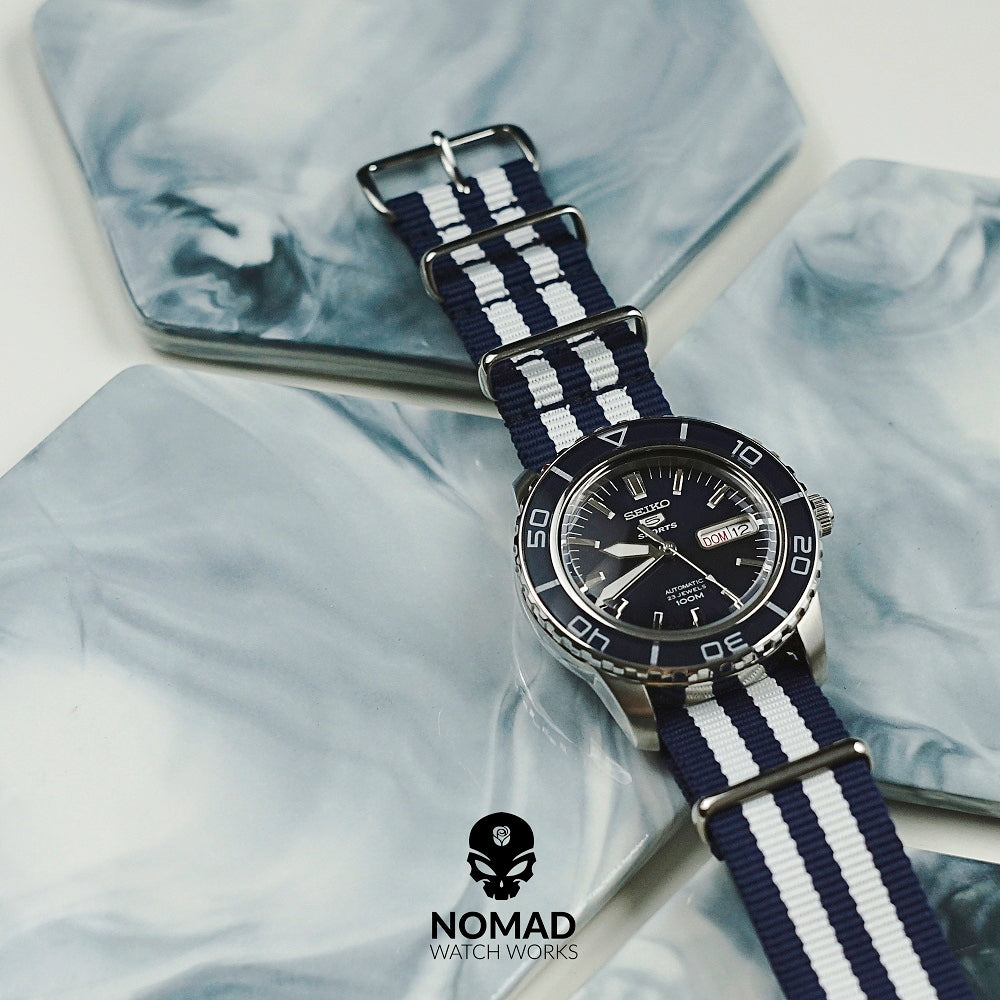 Premium Nato Strap in Navy White Small Stripes with Polished Silver Buckle (22mm) - Nomad watch Works
