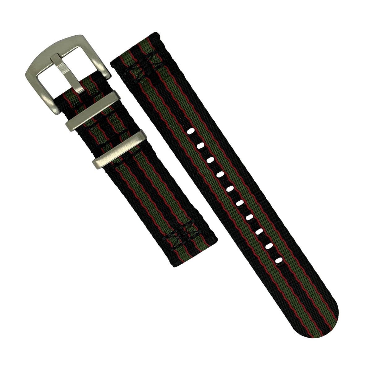 Two Piece Seat Belt Nato Strap in Black Green Red (James Bond) with Brushed Silver Buckle (20mm) - Nomad watch Works
