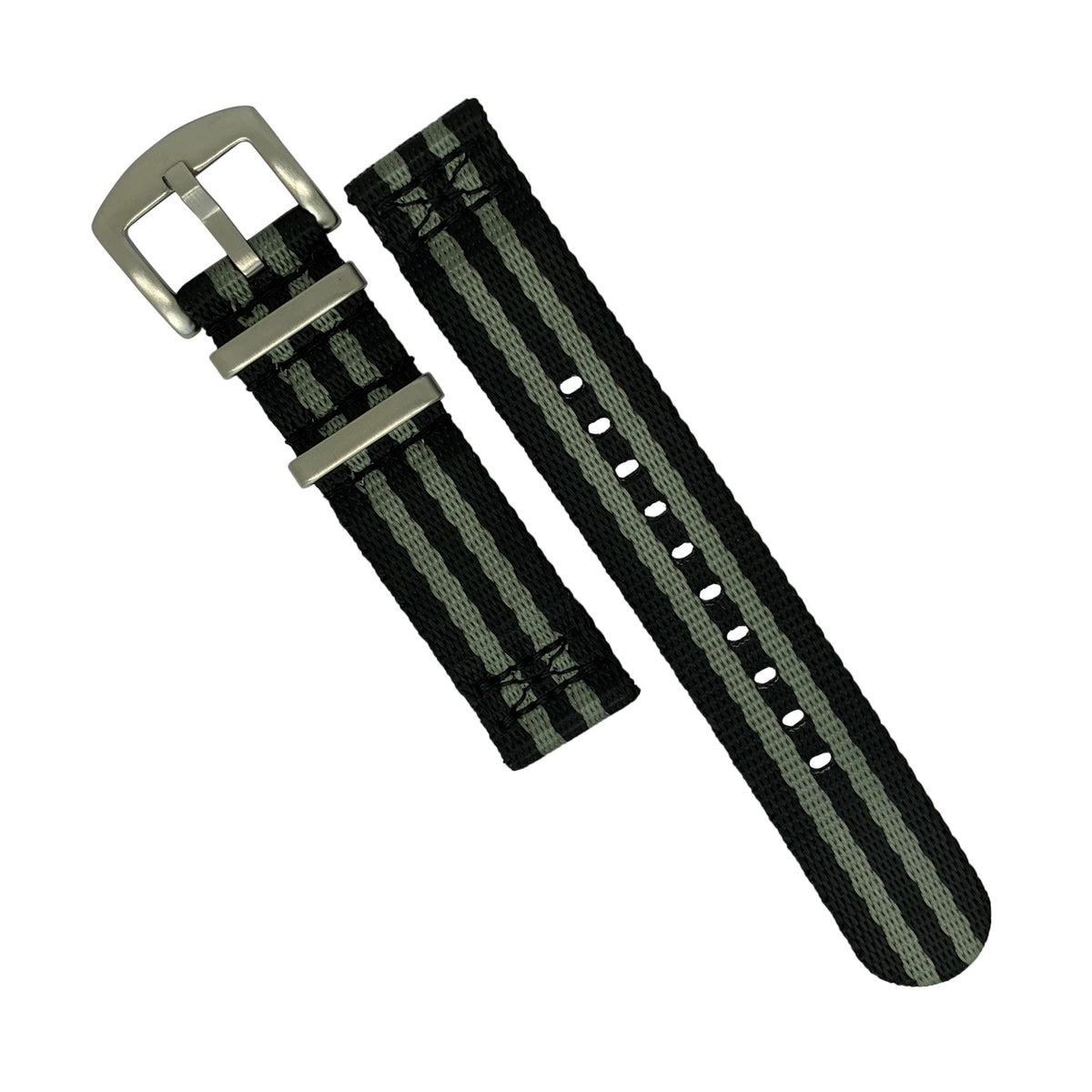 Two Piece Seat Belt Nato Strap in Black Grey (James Bond) with Brushed Silver Buckle (20mm) - Nomad watch Works