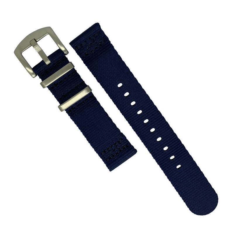 Two Piece Seat Belt Nato Strap in Navy with Brushed Silver Buckle (20mm) - Nomad watch Works