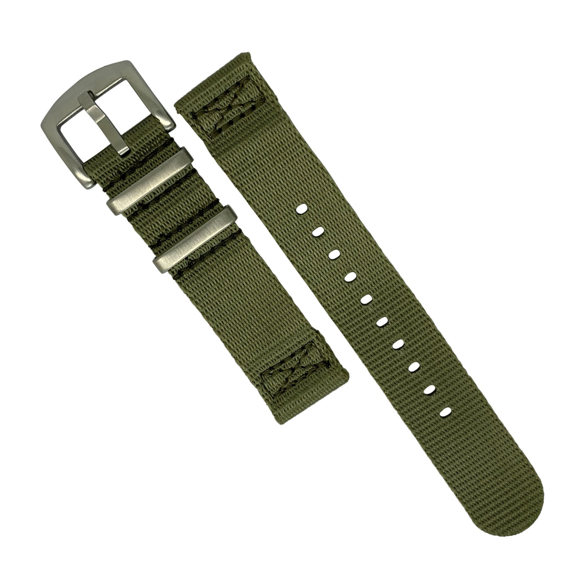 Two Piece Seat Belt Nato Strap in Olive with Brushed Silver Buckle (20mm) - Nomad watch Works