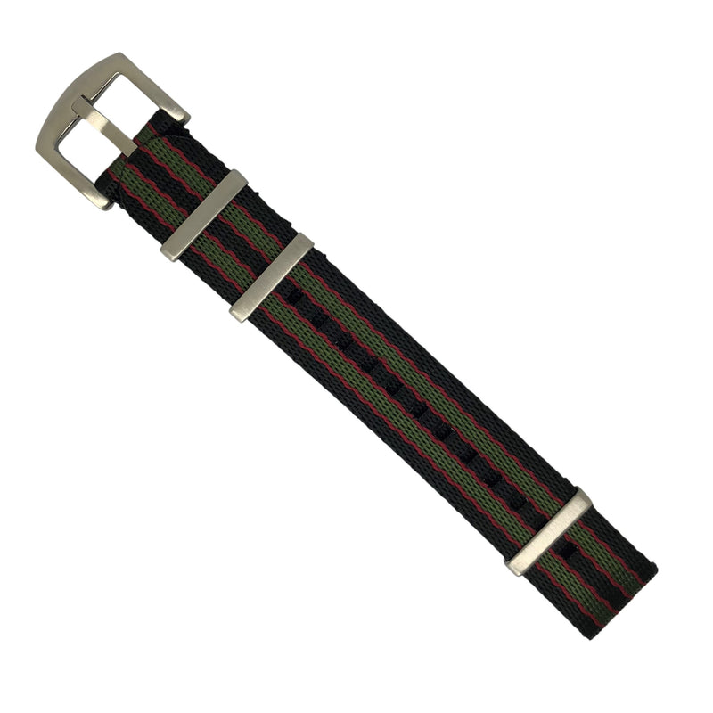 Seat Belt Nato Strap in Black Green Red (James Bond) with Brushed Silver Buckle (20mm) - Nomad watch Works