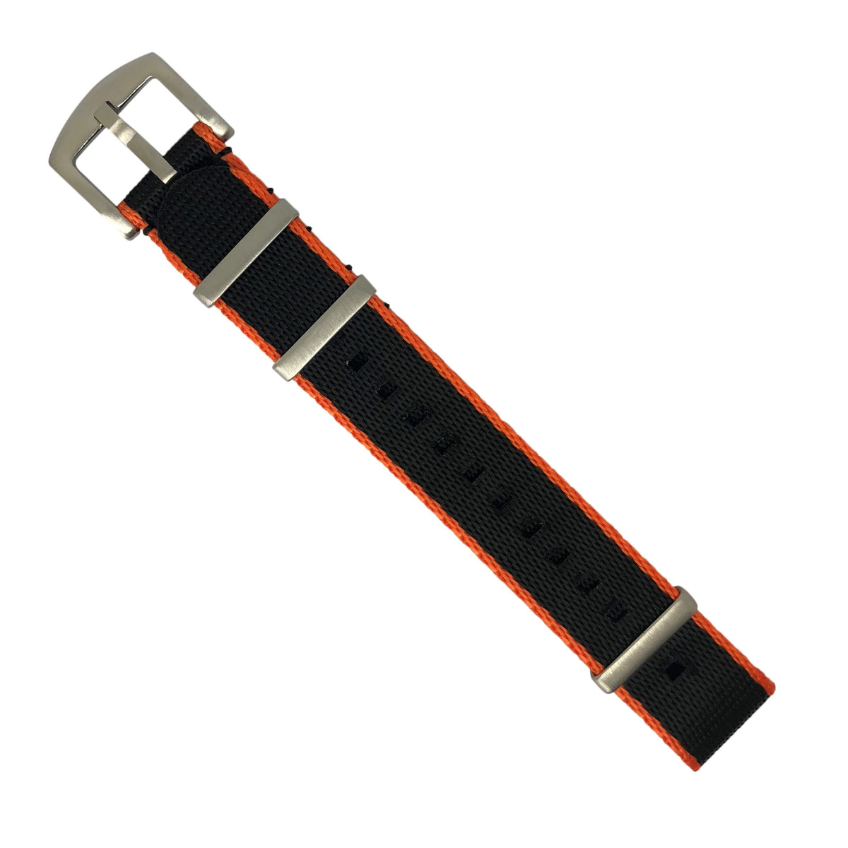 Seat Belt Nato Strap in Black with Orange Accent with Brushed Silver Buckle (20mm) - Nomad watch Works
