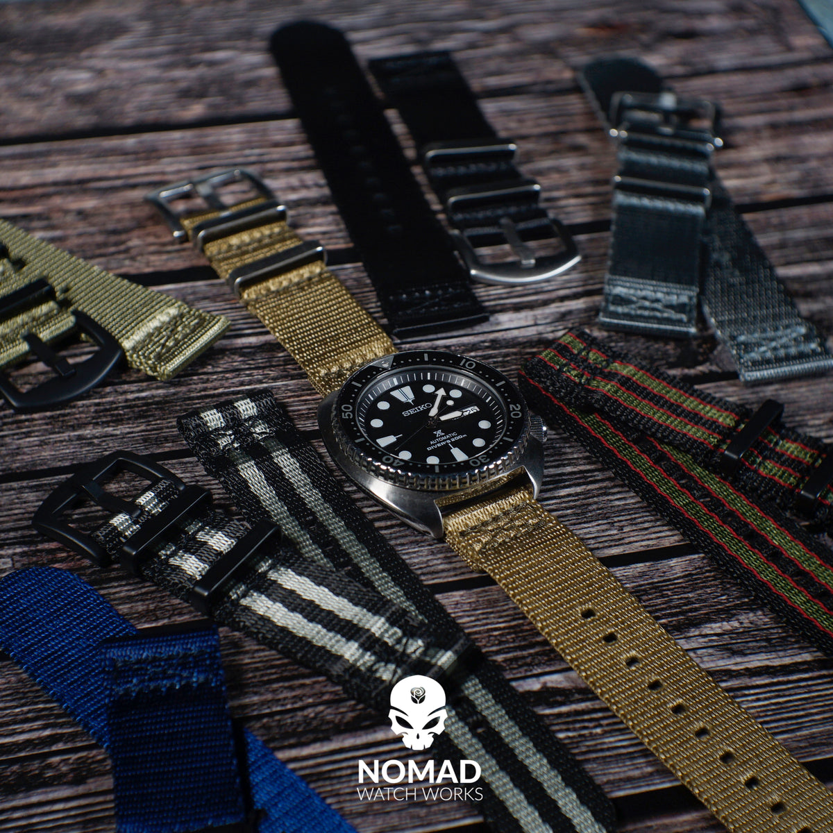 Two Piece Seat Belt Nato Strap in Black Green Red (James Bond) with Brushed Silver Buckle (20mm) - Nomad watch Works