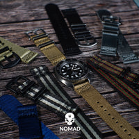 Two Piece Seat Belt Nato Strap in Black Grey (James Bond) with Brushed Silver Buckle (20mm) - Nomad watch Works
